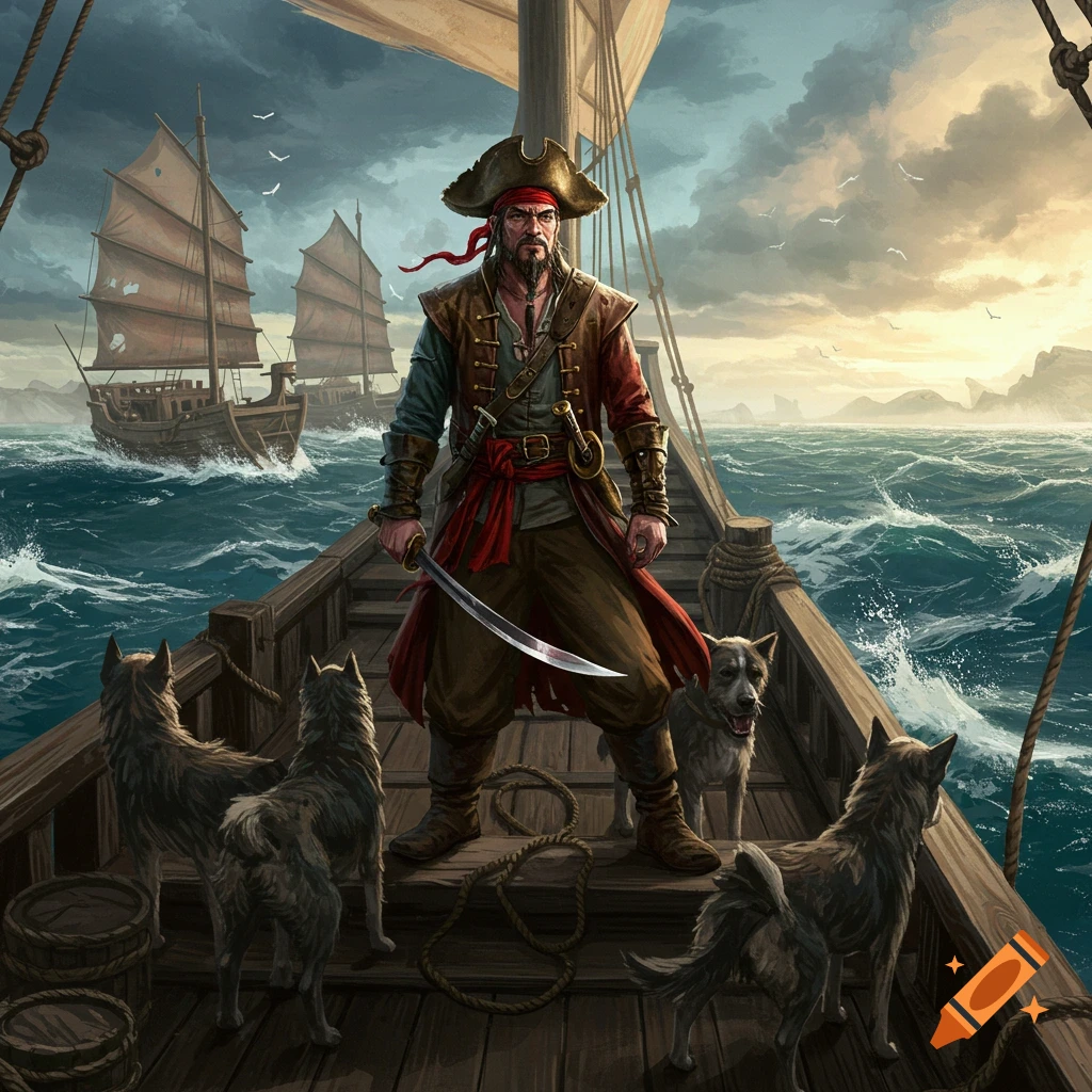 A pirate standing on a ship deck with dogs, sailing on a rough sea.