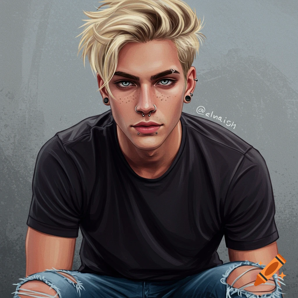 Portrait of a young man with blonde hair, blue eyes, piercings, freckles, wearing a black t-shirt and ripped jeans.