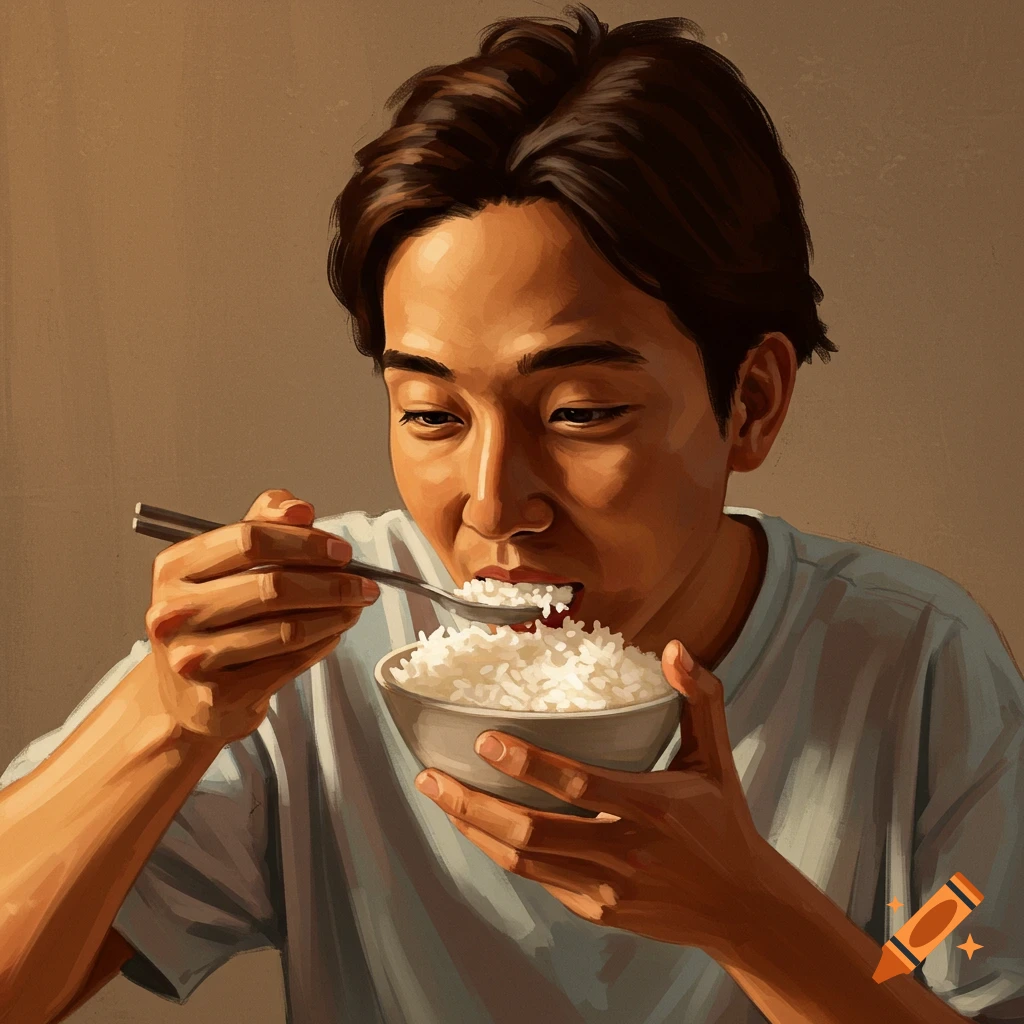 Person eating rice with a spoon from a bowl.
