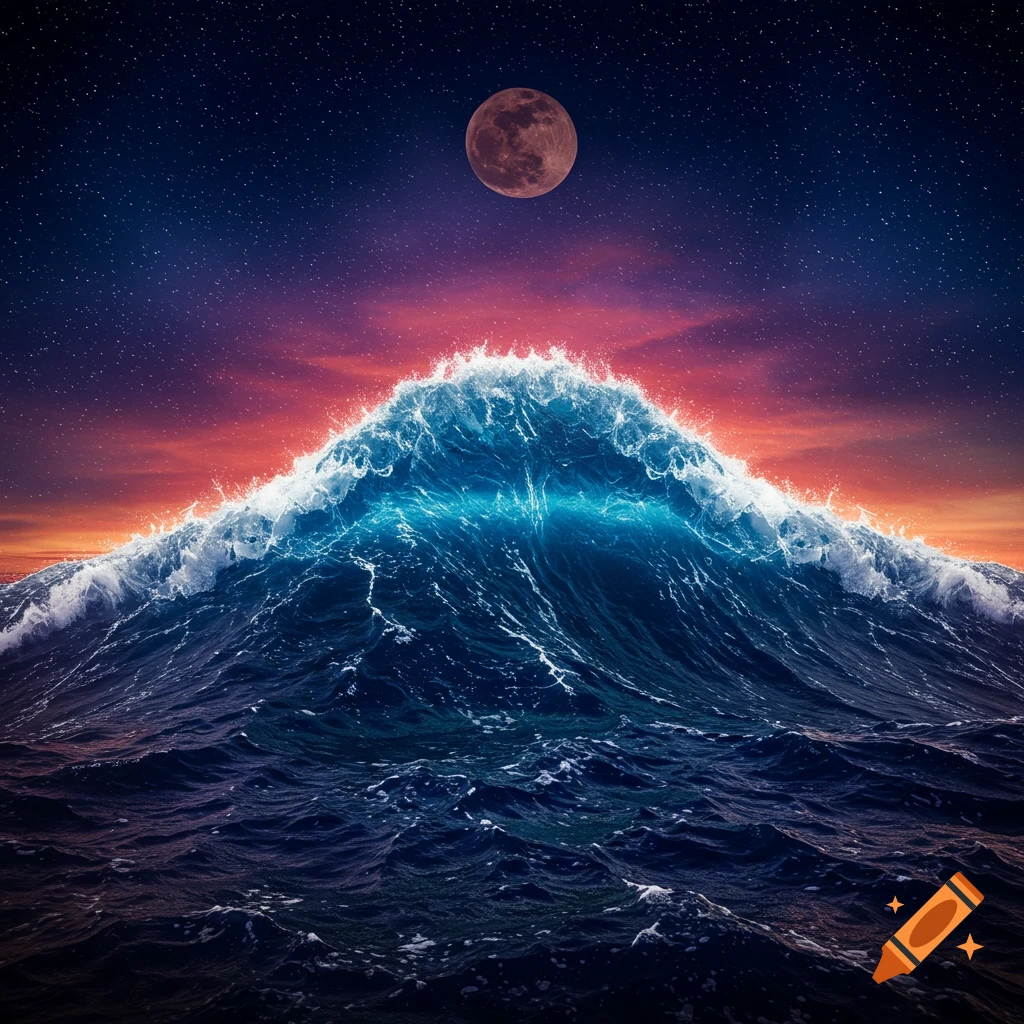 A large blue wave crashes under a starry night sky with a full moon.