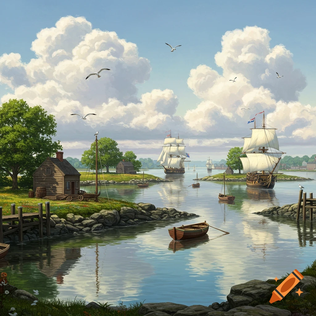 A colonial harbor scene with sailing ships, rowboats, and buildings on the shore.