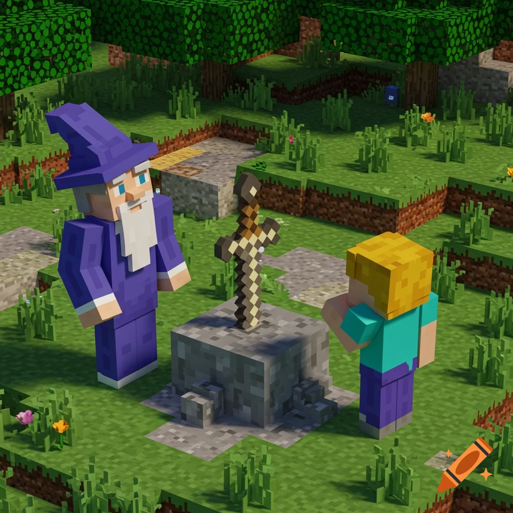 Minecraft style image of a wizard and character looking at a sword in a stone in a forest.