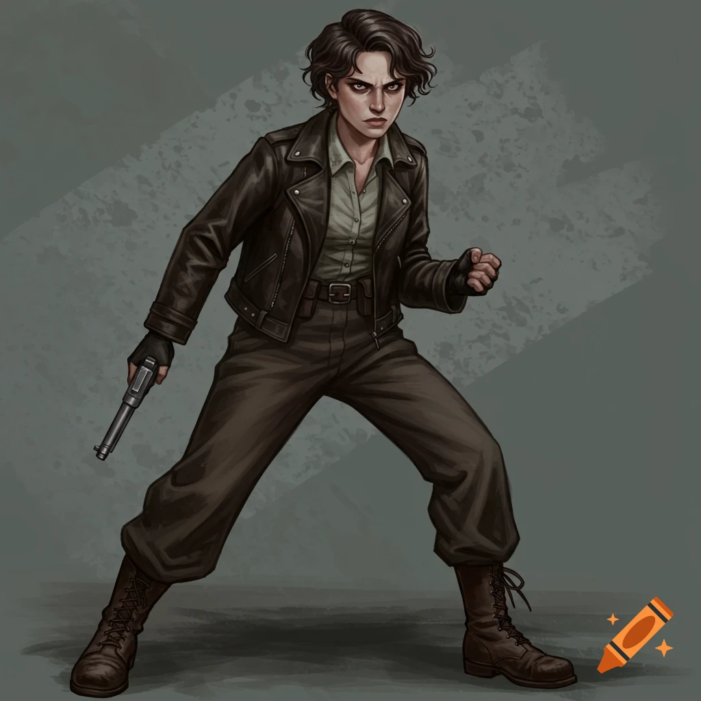A woman with short dark hair wears a leather jacket and boots, holding a gun in a dynamic pose.