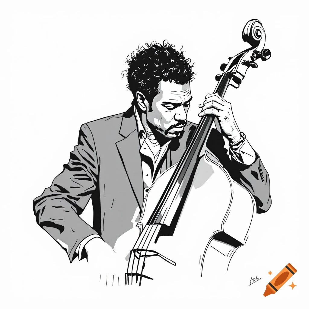 Line art illustration of a man in a suit playing a double bass.