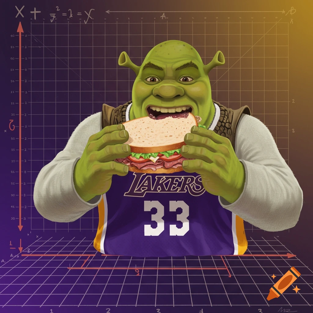 Shrek in a Lakers jersey eating a sandwich against a Cartesian plane grid.