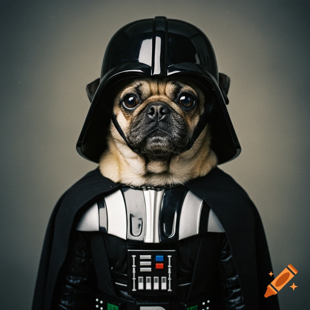 A tan pug wears a Darth Vader costume in a studio photo.
