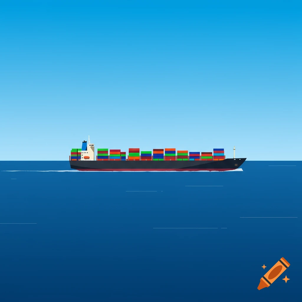 A side view illustration of a container ship sailing on a calm blue ocean under a clear blue sky.