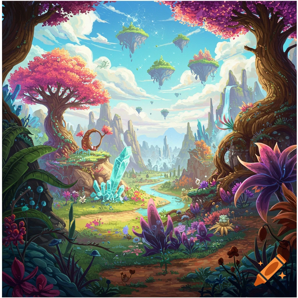 A vibrant fantasy landscape featuring floating islands, a winding river, scattered crystals, and an assortment of colorful alien plants.
