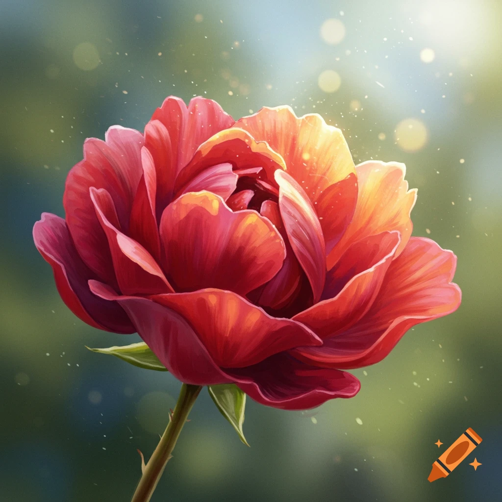 A vibrant red flower with sunlight and sparkle effects.