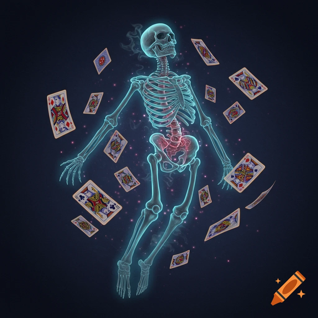Translucent skeleton floating among playing cards on a dark background with glowing particles.