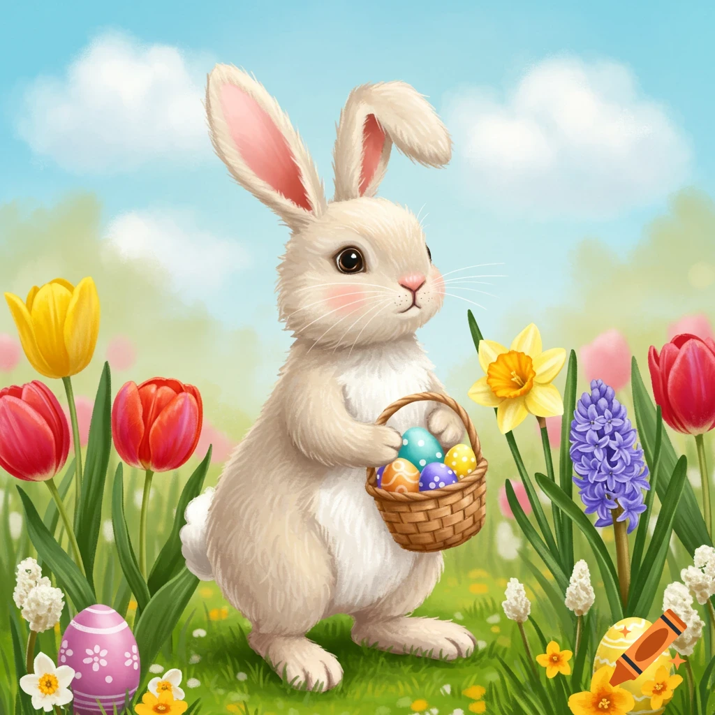 An Easter bunny holding a basket of eggs in a field of flowers.