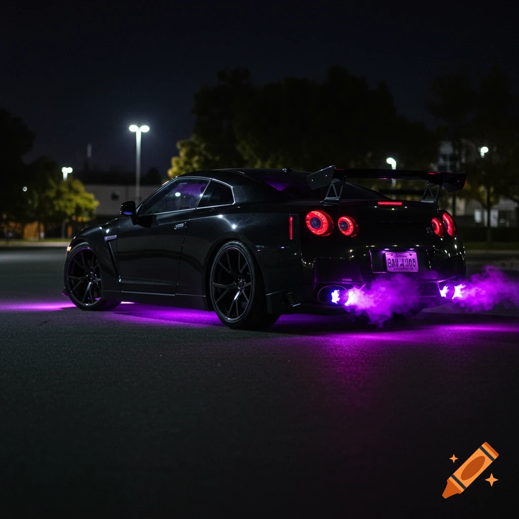 Black Nissan GTR with purple underglow and exhaust flames at night.