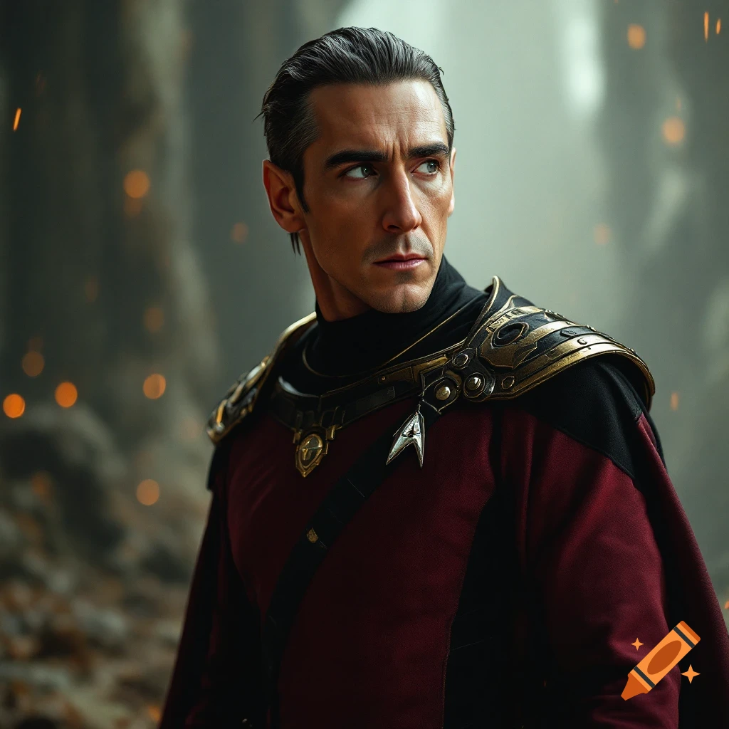 A man in a dark red and black futuristic uniform with golden shoulder armor and a badge, looking right.