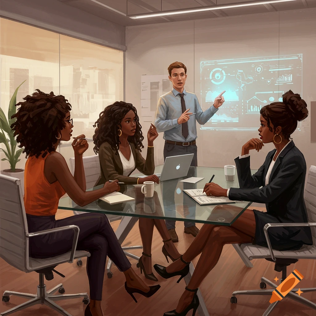 A man presenting to three women investors in a modern meeting room.