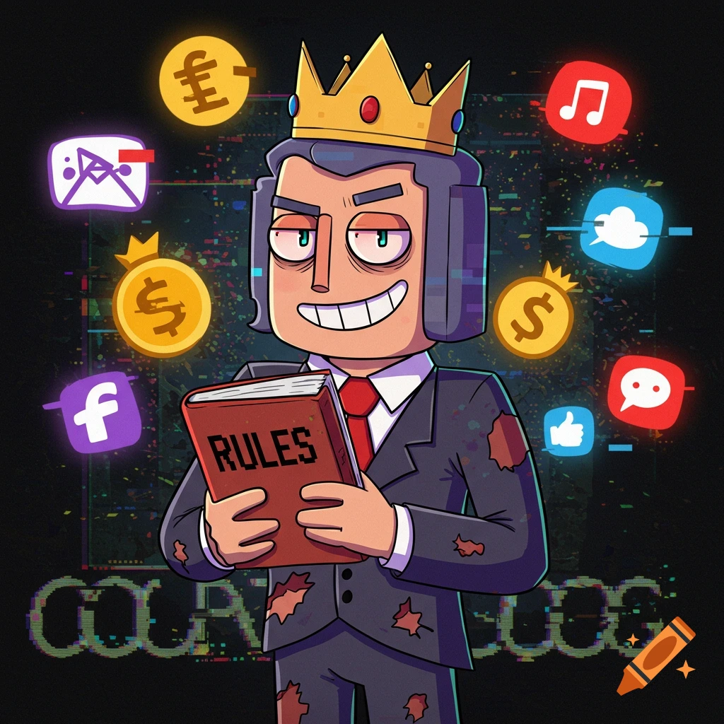 A cartoon character wearing a crown and damaged suit holds a book labeled 'Rules' surrounded by glitching social media and money icons.