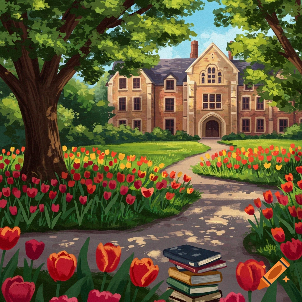 A university campus path is lined with red and yellow tulips and leads to a brick building. There are books in the foreground.