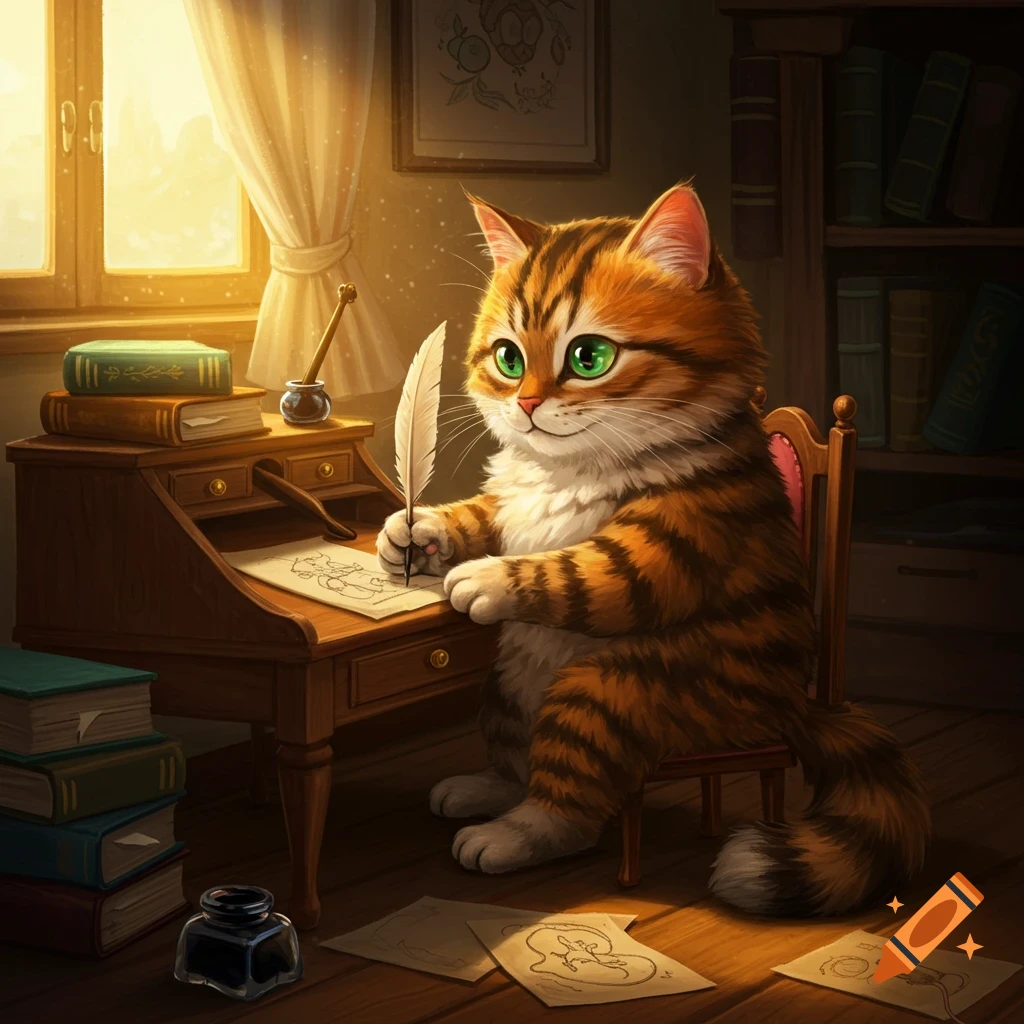 A tabby cat is sitting at a desk, writing with a quill pen.