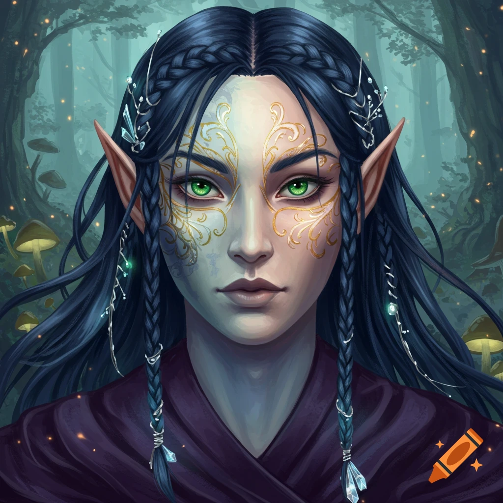 A fantasy person with green eyes, gold facial patterns, and braids in a forest.