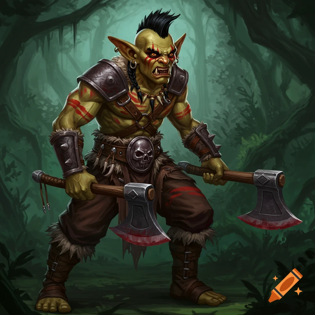 A fierce goblin barbarian holds two bloody axes in a forest.
