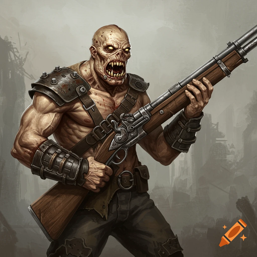 A muscular, mutated Super mutant creature from Fallout, holding a musket rifle in a ruined environment.