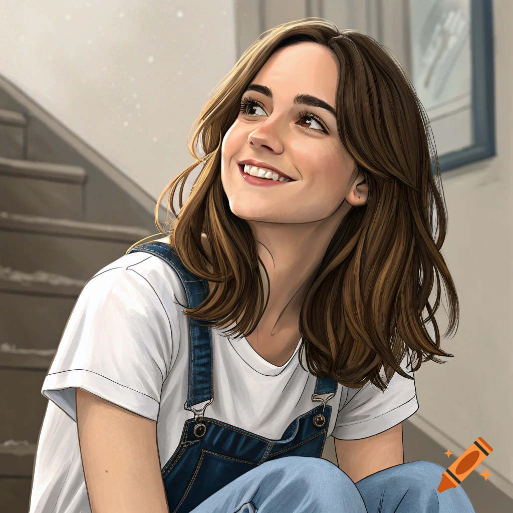 Stylized portrait of a young woman in overalls smiling and looking up, sitting on stairs.