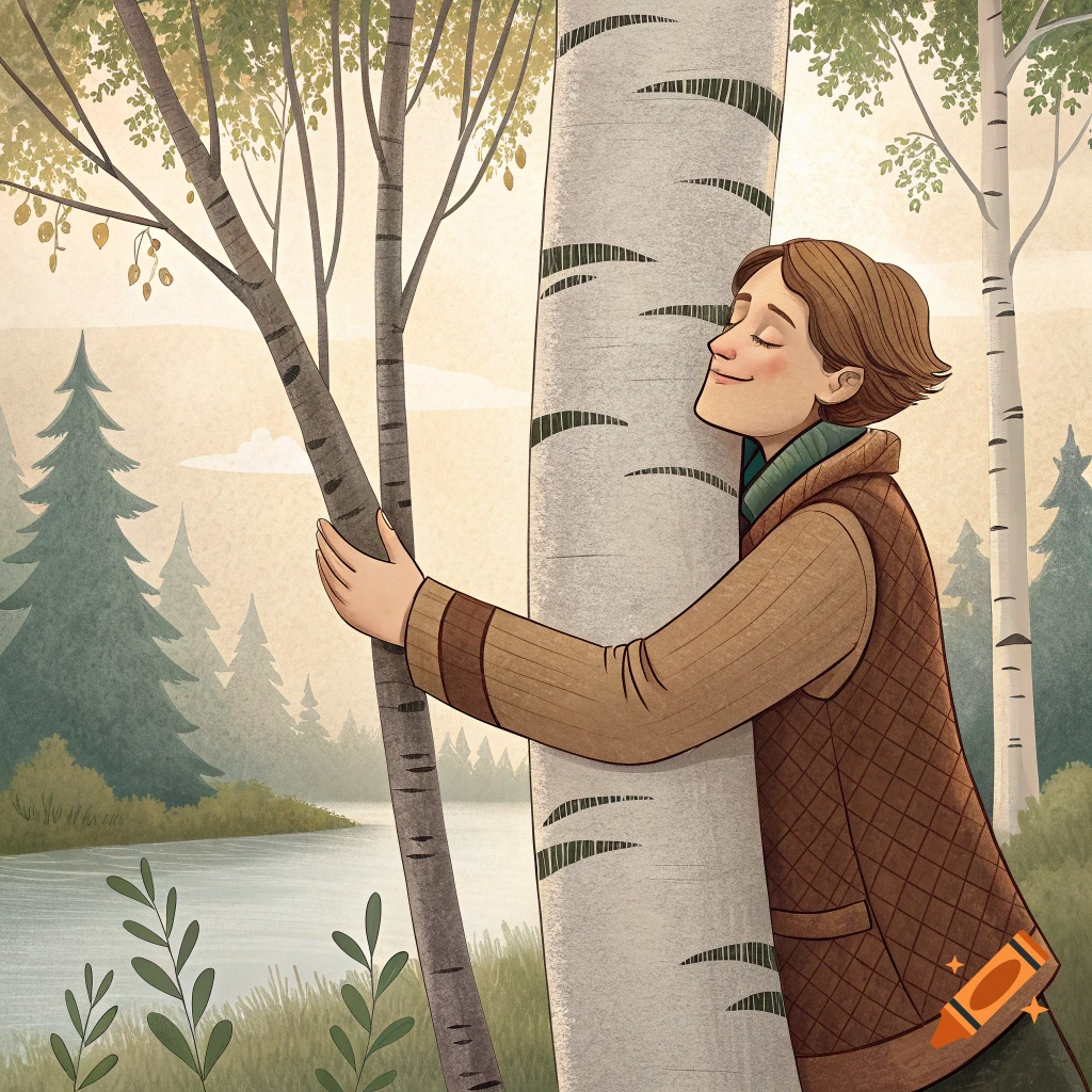 Illustration of a person hugging a birch tree in a forest landscape with water.