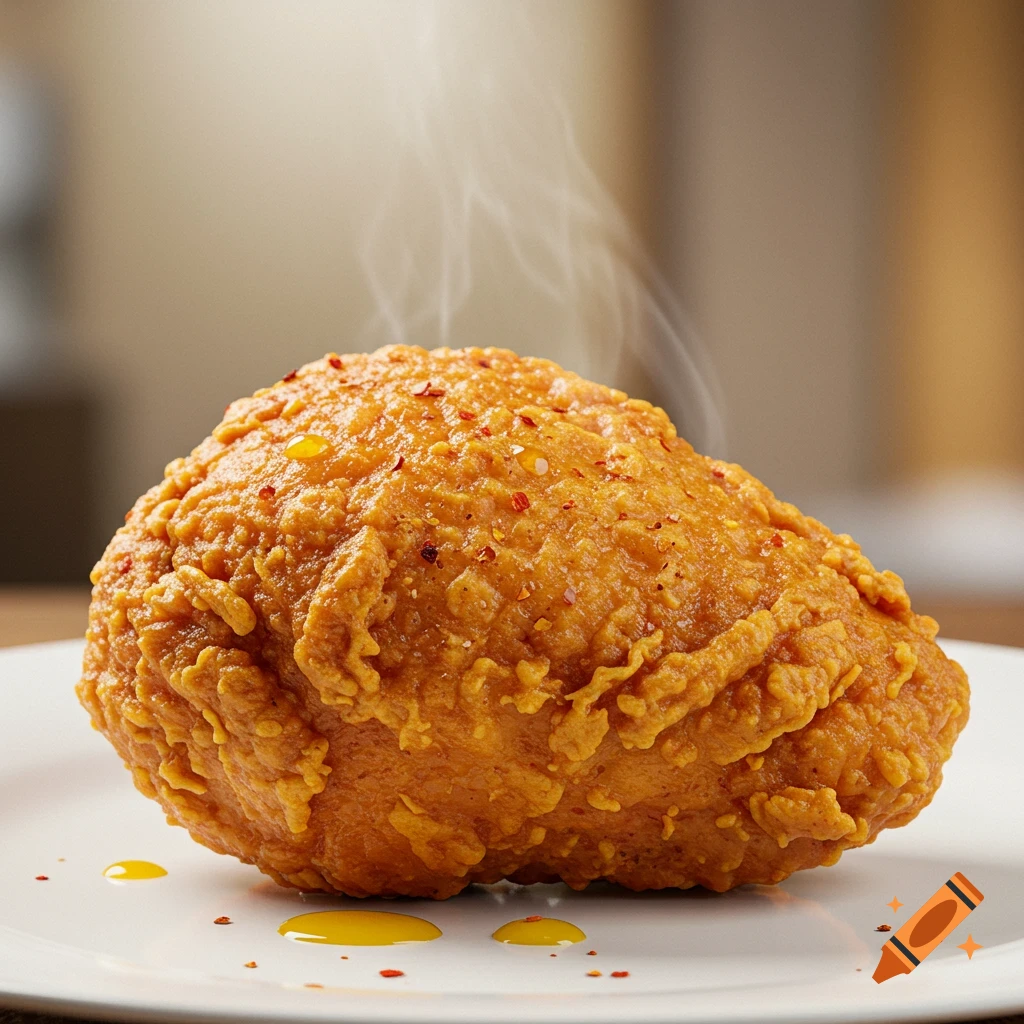 Close-up photo of a steaming piece of fried chicken on a white plate.