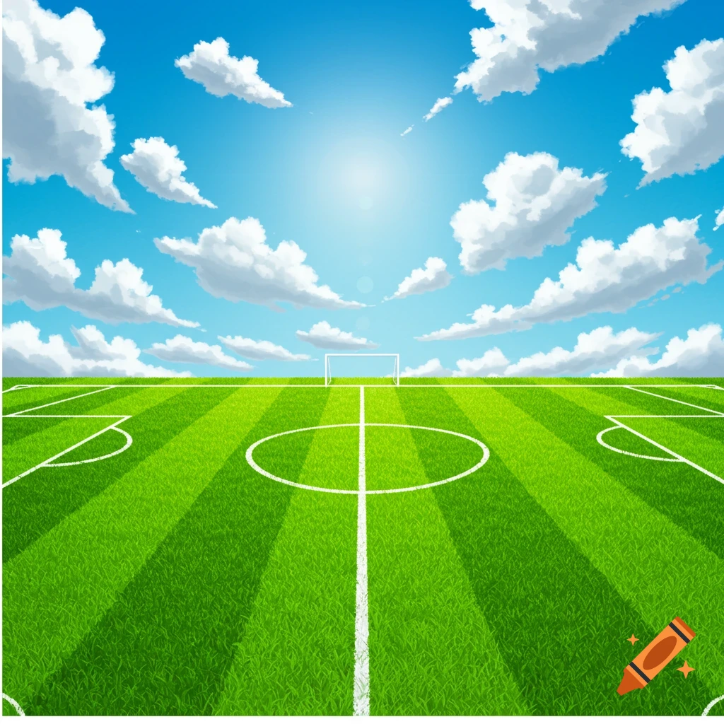 A sunny soccer field with clouds.