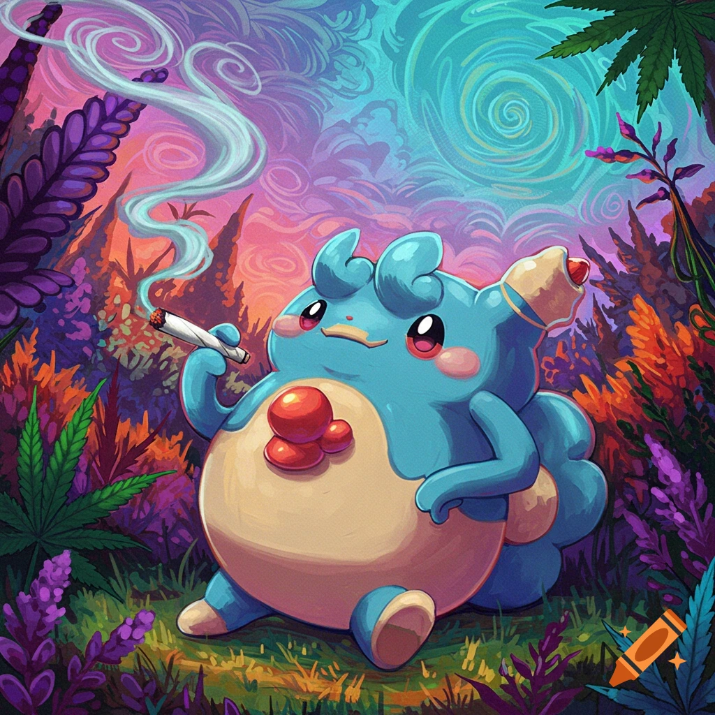 A stylized blue cartoon character resembling Wobbuffett smoking in a vibrant forest.