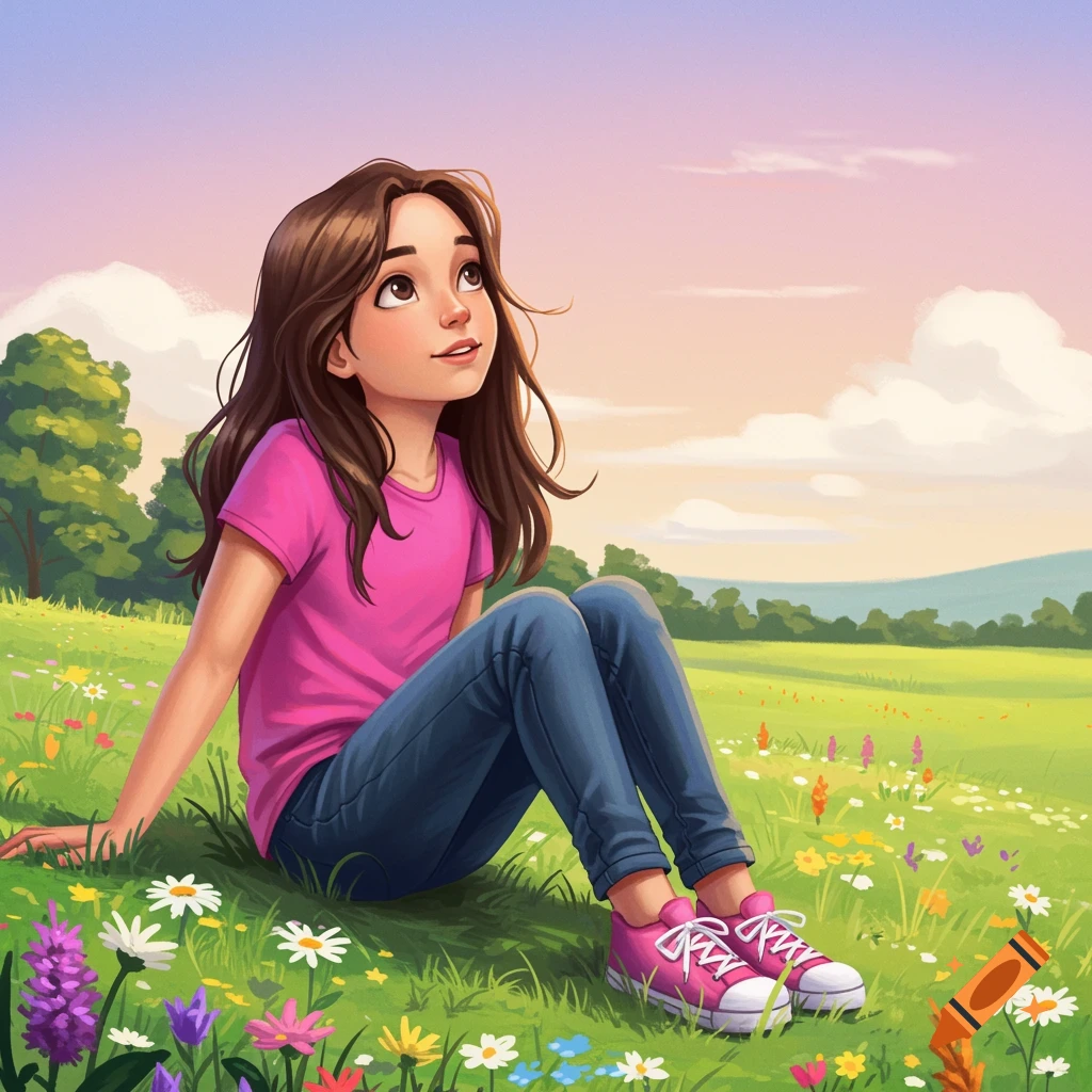 A preteen girl sits in a meadow filled with wildflowers, gazing up at the sky.