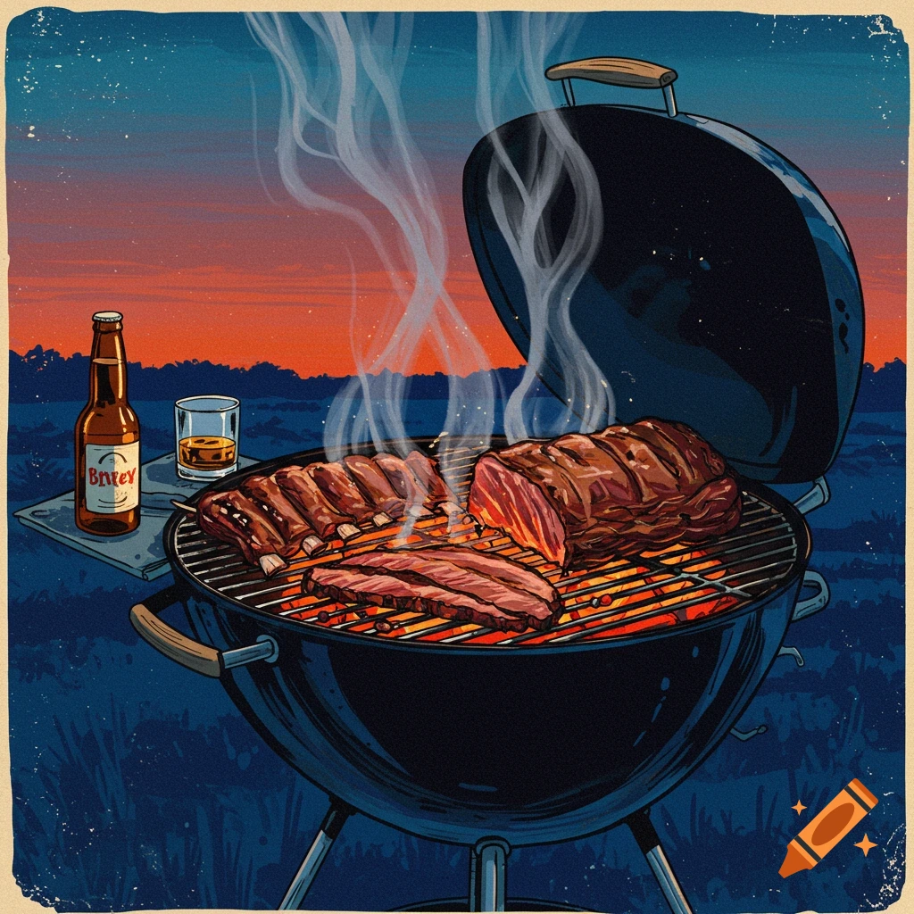 A BBQ grill laden with ribs, steak, a beer, and whiskey, seen at dusk.