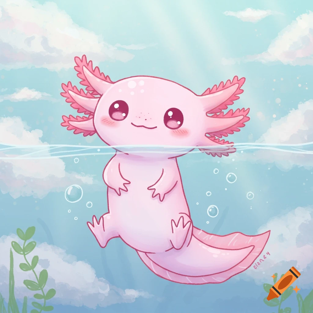 Cute pink cartoon axolotl swimming in water with sky and clouds above, illustration.