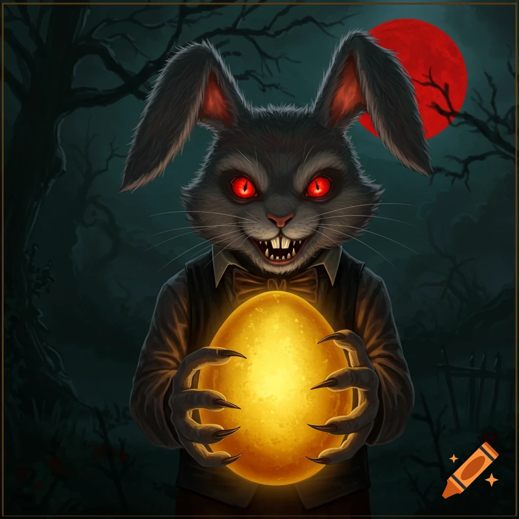 A scary bunny creature with red eyes and claws is holding a glowing golden egg in a dark forest under a red moon.