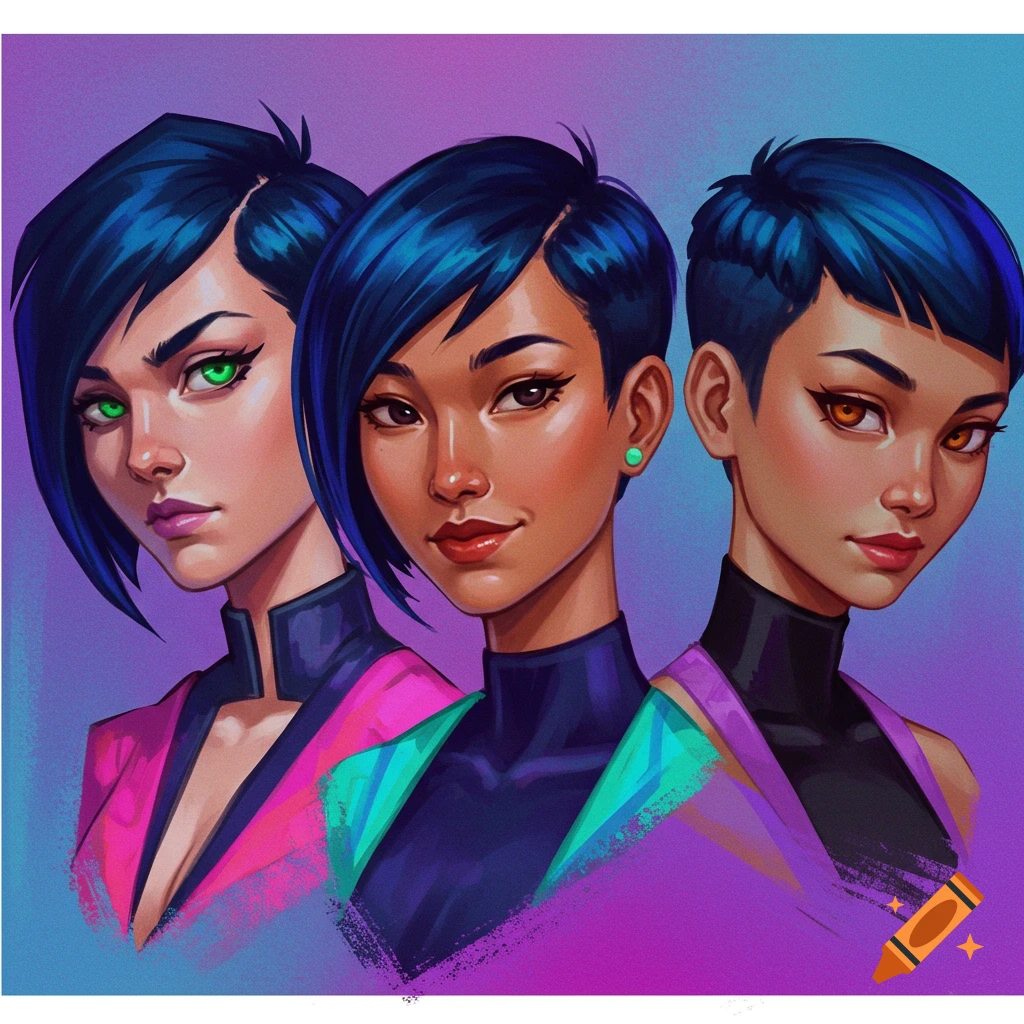 Three stylized women with short dark blue hair.