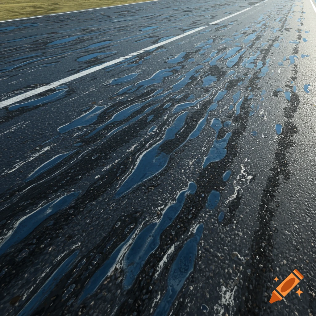 A wet asphalt road with scattered puddles from a side view.