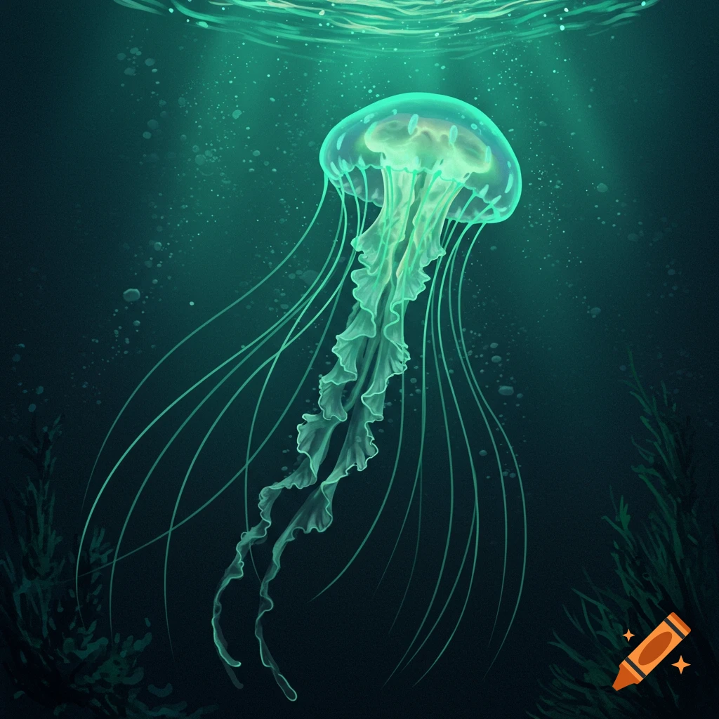 A glowing green jellyfish floats underwater with light rays filtering through.