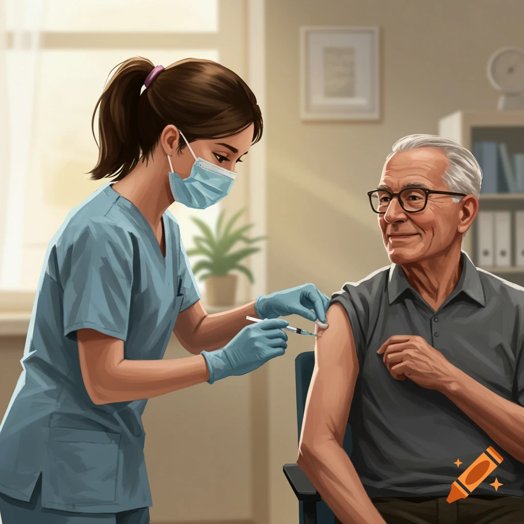 A nurse giving a vaccination to an older man.