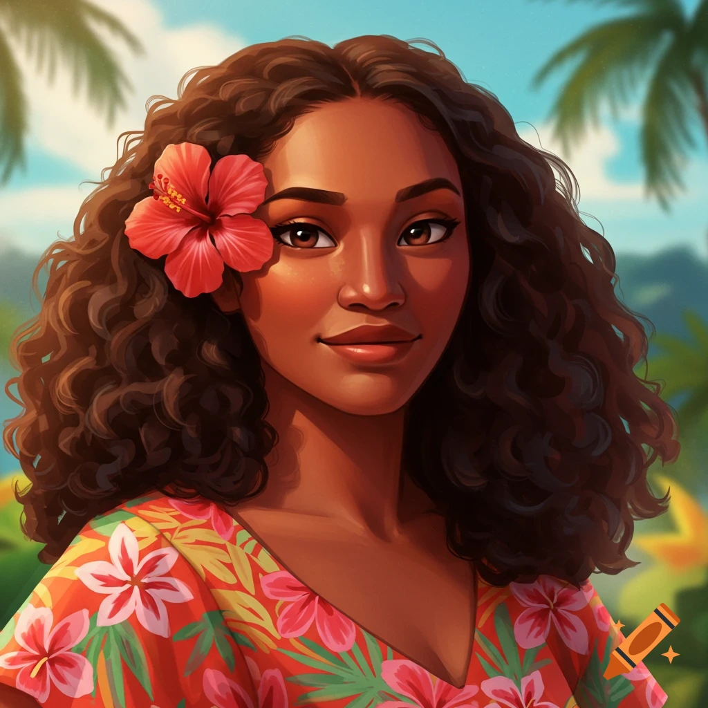 Portrait of a woman with dark curly hair and a red hibiscus in her hair, wearing a tropical shirt.