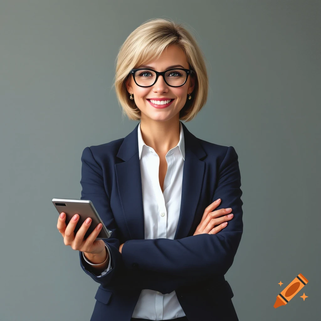 Smiling woman in business suit holding a device