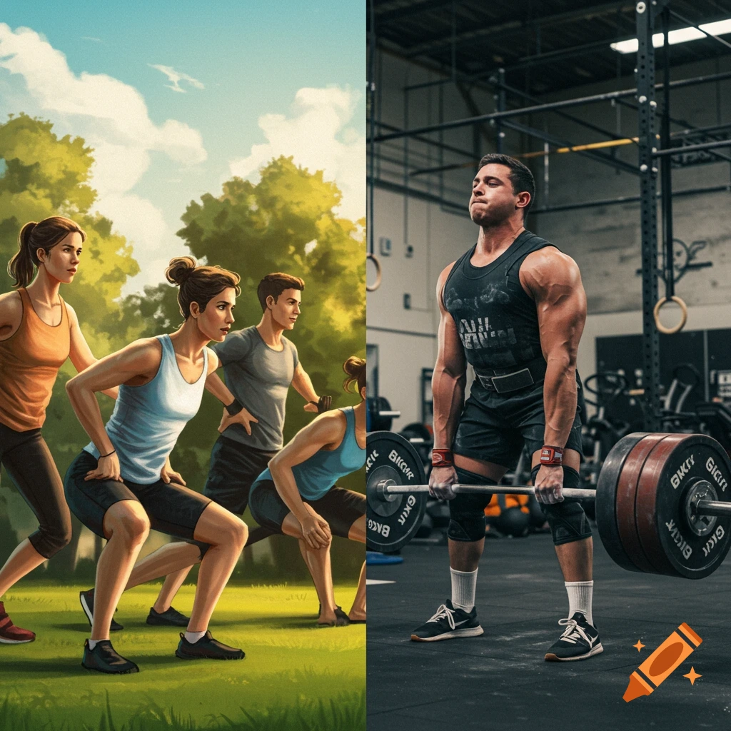 Split image showing people exercising outdoors and a man lifting weights in a gym.