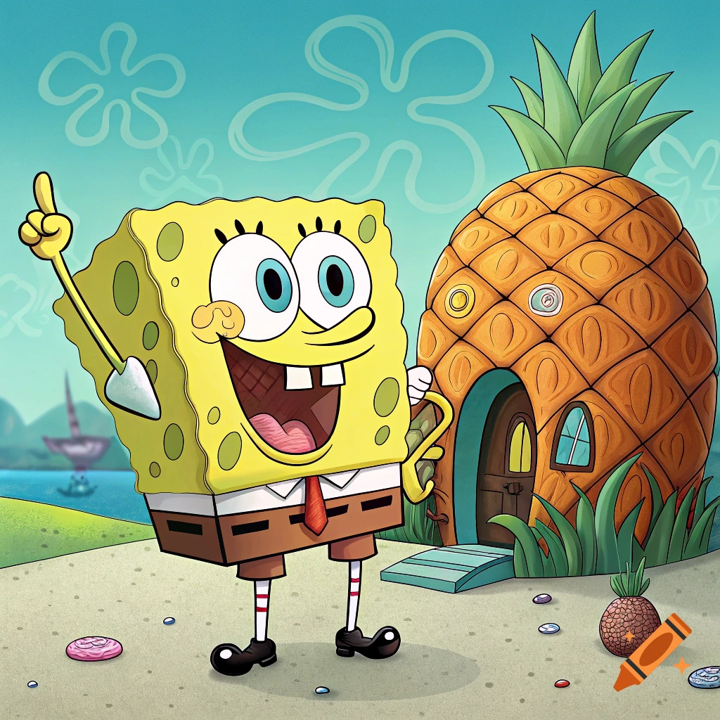 Spongebob Squarepants stands on a beach next to his pineapple house.