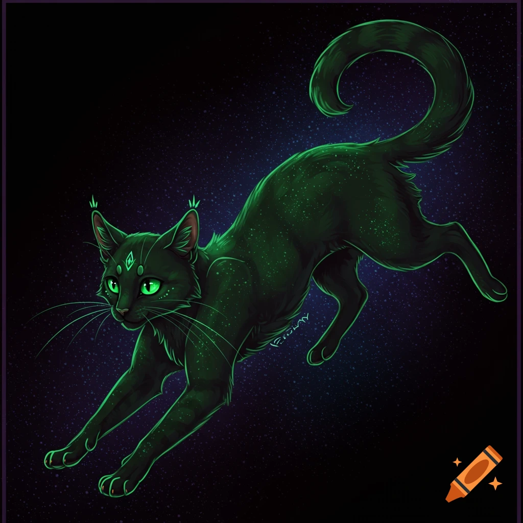 A glowing green cosmic cat stretches in space.