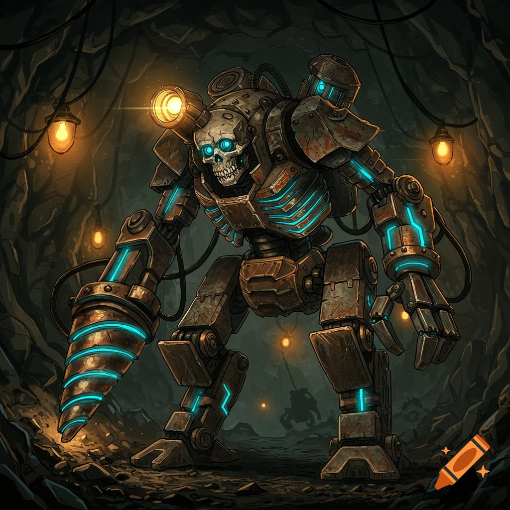 Anime style mining robot with a skull face in a dark cave.