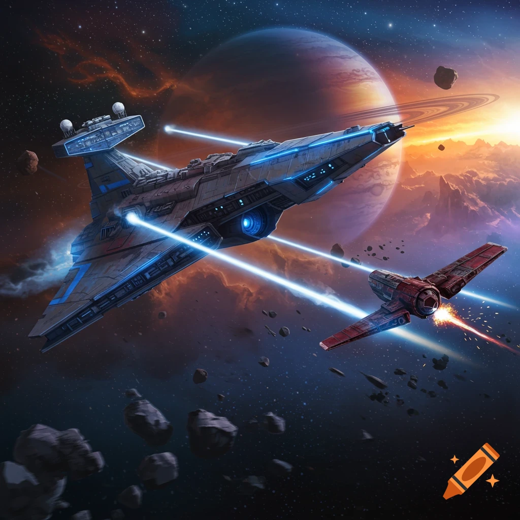 A large grey spaceship chases a smaller red spaceship in a space battle with a ringed planet and asteroids in the background.