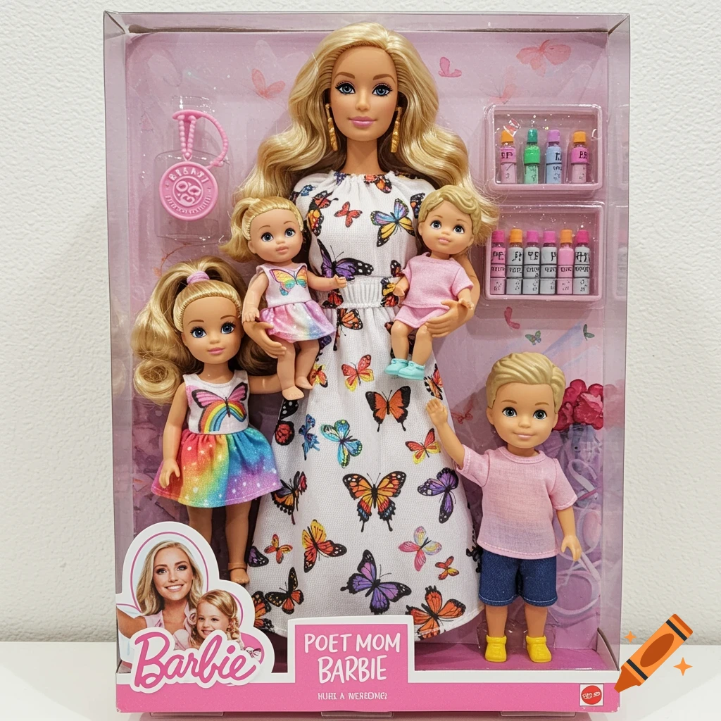 Barbie doll box labeled 'POET MOM BARBIE' with a Barbie doll holding two smaller child dolls, and accessories inside.