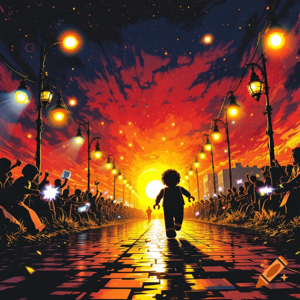 A stylized image of a figure running on a brick path towards a bright sunset, lined by streetlights and a cheering crowd.