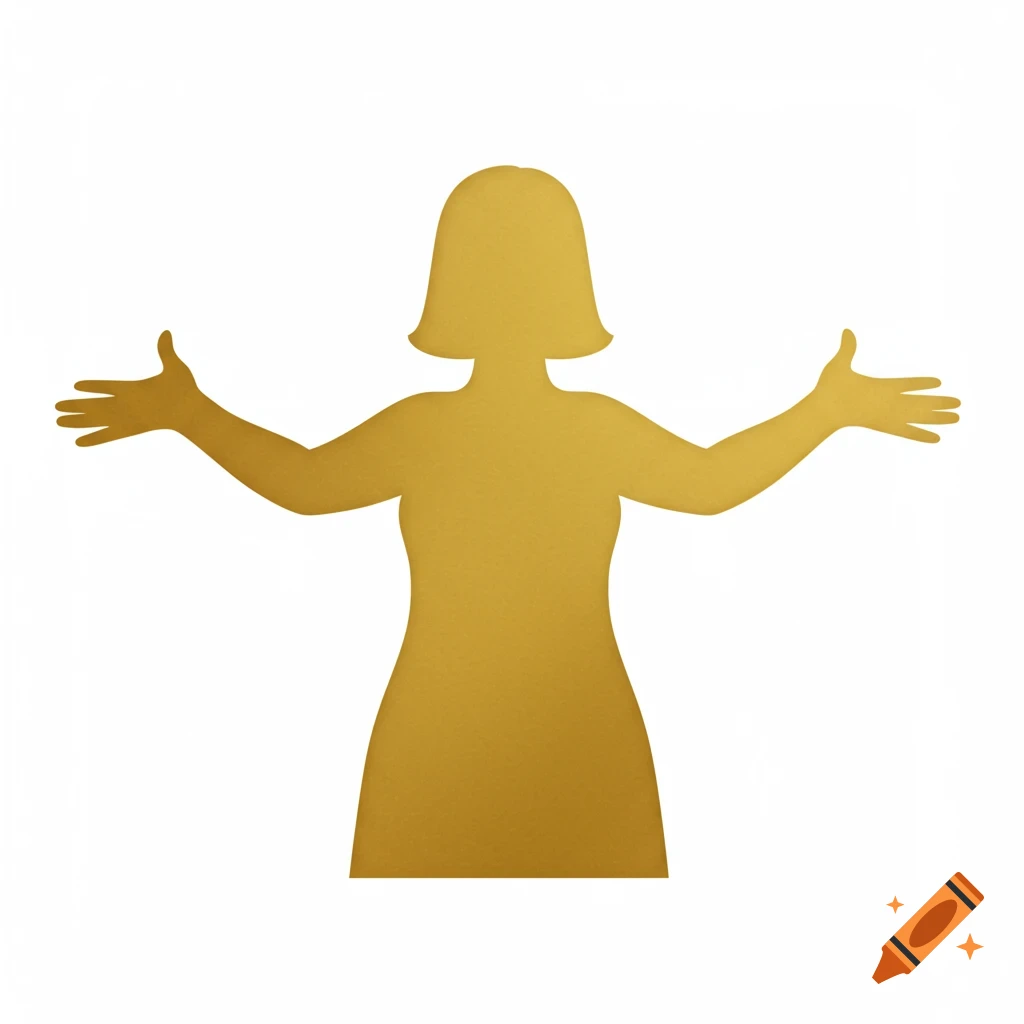 A golden silhouette of a woman with outstretched arms on a white background.