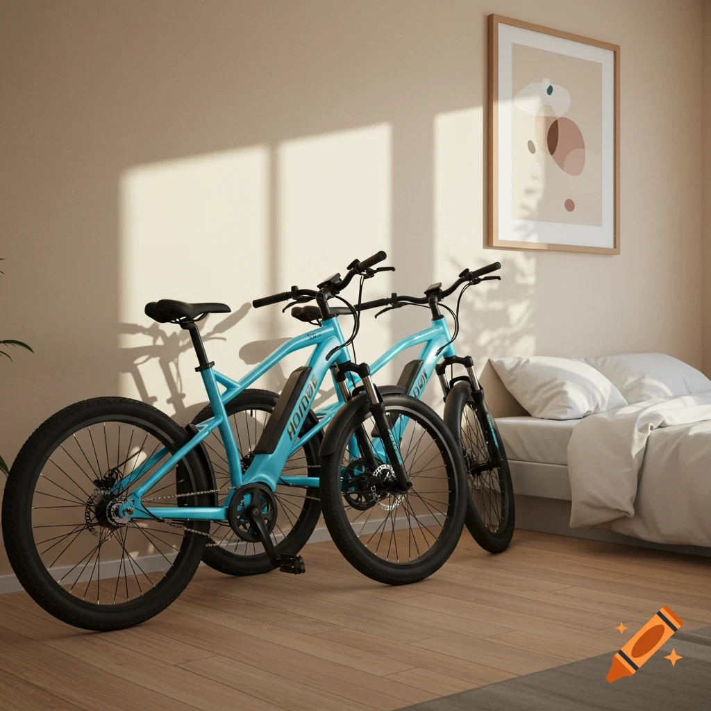 Two blue e-bikes parked in a modern bedroom.