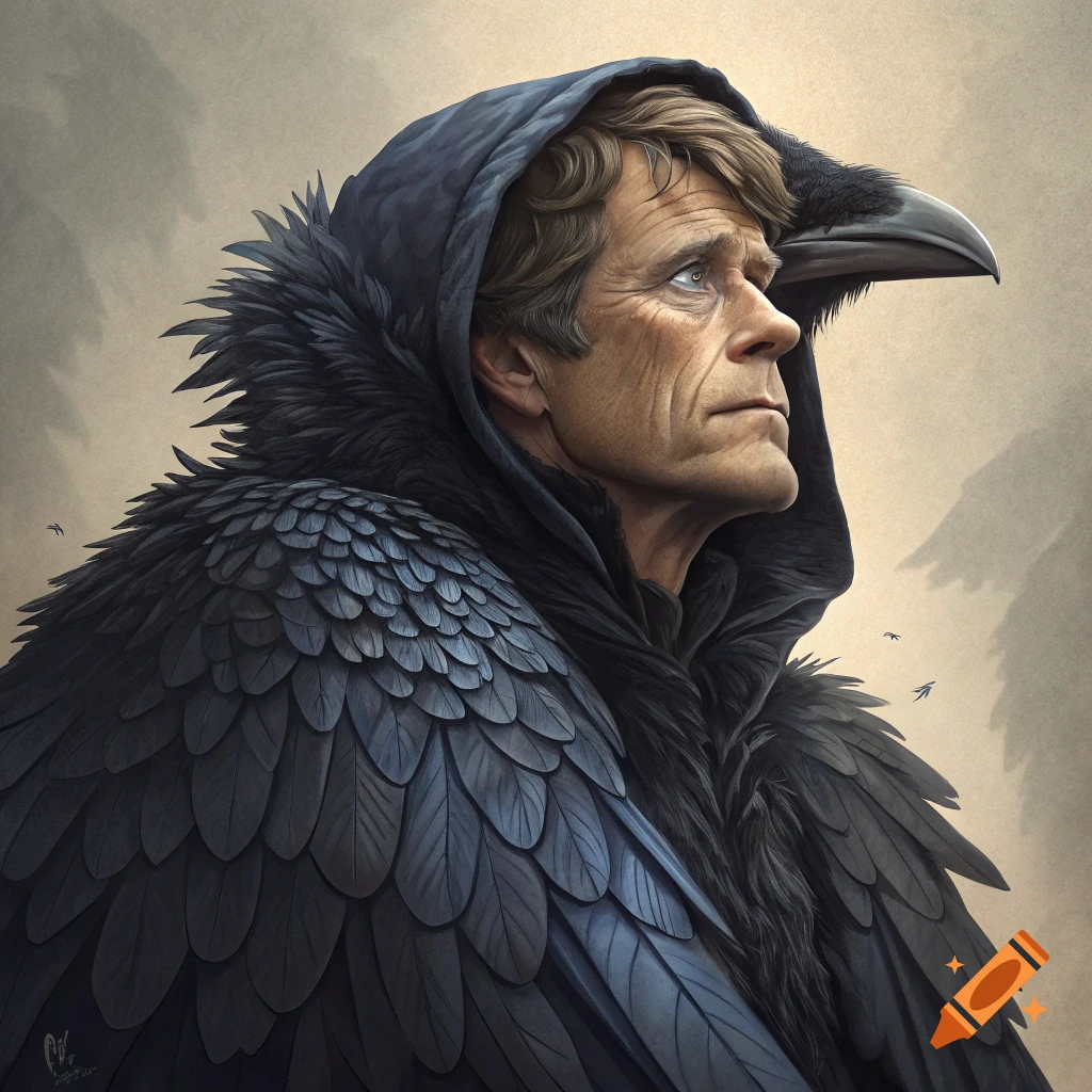 A man in a hooded cloak made of black raven feathers with a raven's head and beak integrated into the hood, in an illustration style.