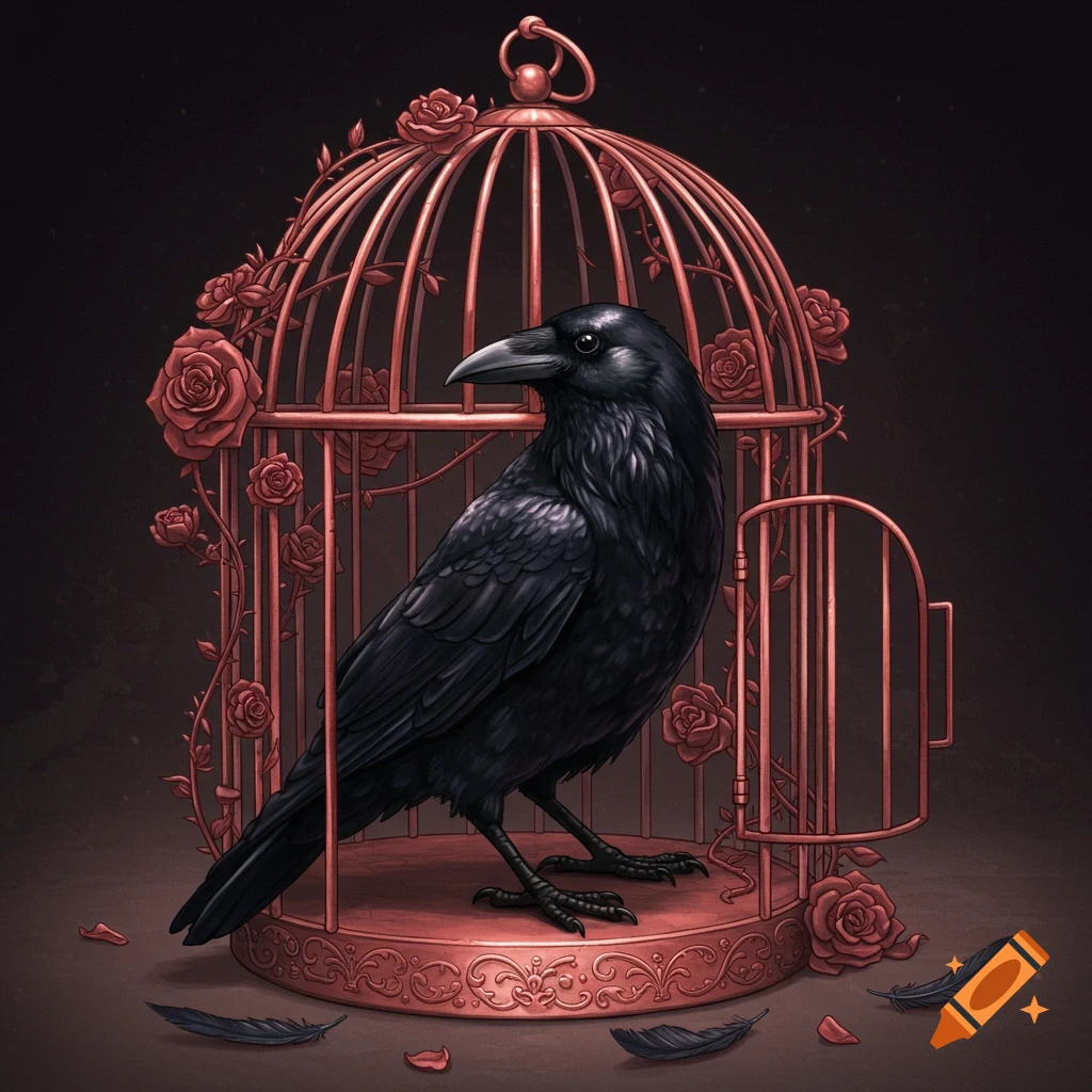 A black raven sits in a rose-covered cage with the door open and feathers scattered on the ground.